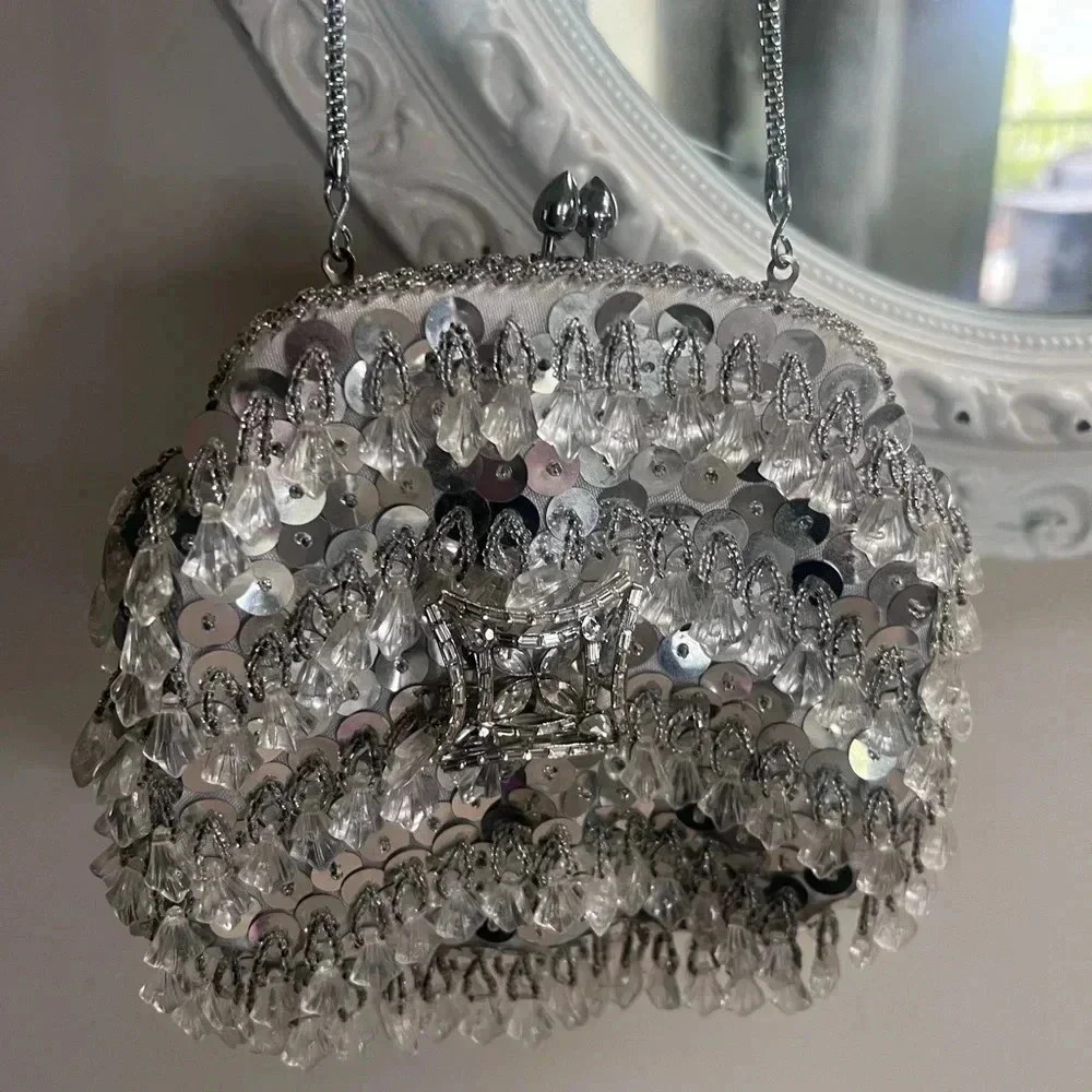 Vintage Evening Bag with Sequins, Beads & and Vintage Brooch - Picture 4 of 10